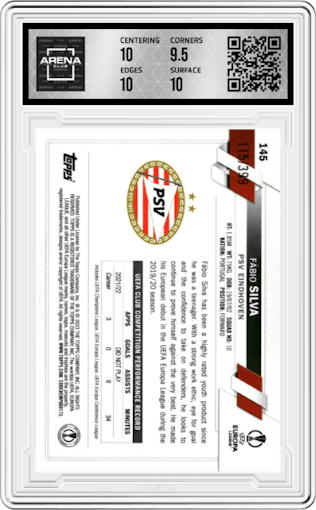 Fabio Silva from the 2022-23 Topps Chrome UEFA Club Competitions set featuring a Neon Green Shimmer Refractor parallel graded by Arena Club and given an overall grade of 10.