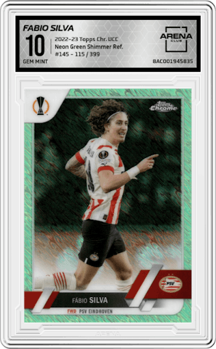 Fabio Silva from the 2022-23 Topps Chrome UEFA Club Competitions set featuring a Neon Green Shimmer Refractor parallel graded by Arena Club and given an overall grade of 10.