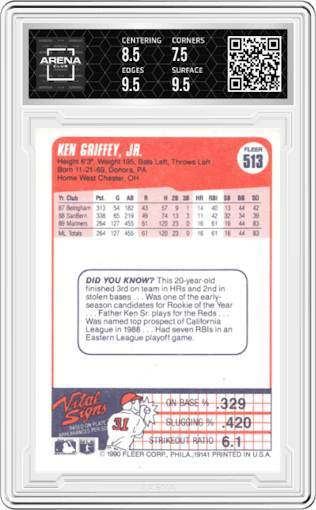 Ken Griffey Jr. from the 1990 Fleer  set featuring a Variation parallel graded by Arena Club and given an overall grade of 8.