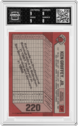 Ken Griffey, Jr. from the 1989 Bowman set graded by Arena Club and given an overall grade of 8.5.