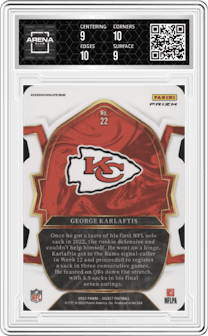 George Karlaftis from the 2022 Panini Select set featuring a Die-Cut Black/Green parallel graded by Arena Club and given an overall grade of 9.5.
