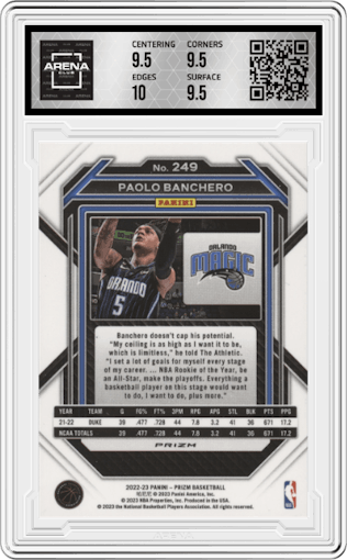 Paolo Banchero from the 2022-23 Panini Prizm  set featuring a Silver Prizm parallel graded by Arena Club and given an overall grade of 10.