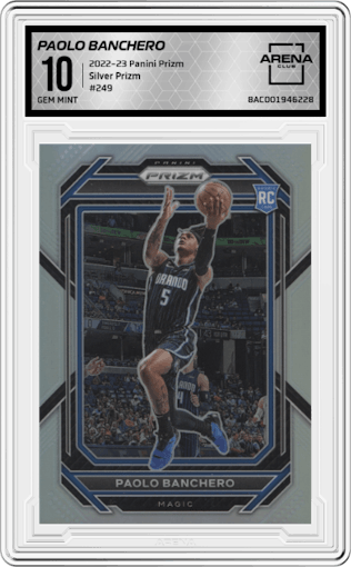 Paolo Banchero from the 2022-23 Panini Prizm  set featuring a Silver Prizm parallel graded by Arena Club and given an overall grade of 10.