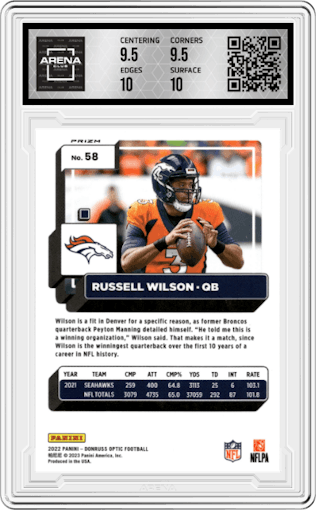Russell Wilson from the 2022 Panini Donruss Optic set featuring a One Hundred parallel graded by Arena Club and given an overall grade of 10.