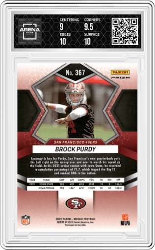 Brock Purdy from the 2022 Panini Mosaic set featuring a Reactive Orange parallel graded by Arena Club and given an overall grade of 9.5.