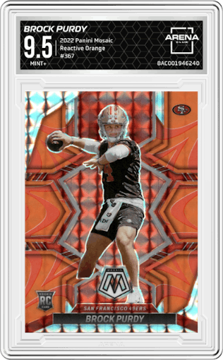 Brock Purdy from the 2022 Panini Mosaic set featuring a Reactive Orange parallel graded by Arena Club and given an overall grade of 9.5.