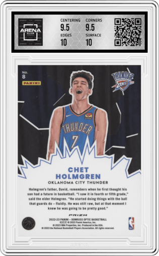 Chet Holmgren from the 2022-23 Panini Donruss Optic  set featuring a Purple parallel graded by Arena Club and given an overall grade of 10.