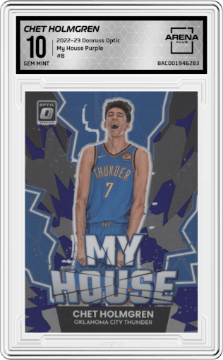 Chet Holmgren from the 2022-23 Panini Donruss Optic  set featuring a Purple parallel graded by Arena Club and given an overall grade of 10.