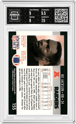 Bo Jackson from the 1990 Pro Set set graded by Arena Club and given an overall grade of 6.