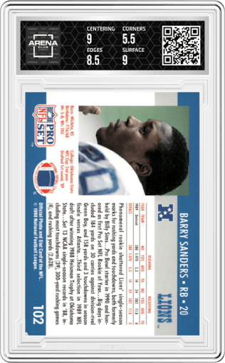 Barry Sanders from the 1990 Pro Set set graded by Arena Club and given an overall grade of 6.