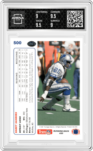Barry Sanders from the 1991 Upper Deck set graded by Arena Club and given an overall grade of 9.5.