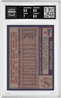 Don Mattingly from the 1984 Topps set graded by Arena Club and given an overall grade of 7.5.