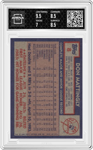 Don Mattingly from the 1984 Topps set graded by Arena Club and given an overall grade of 7.5.