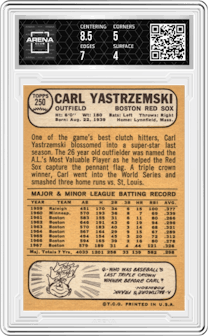 Carl Yastrzemski from the 1968 Topps set graded by Arena Club and given an overall grade of 4.5.