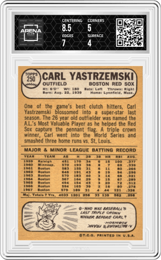 Carl Yastrzemski from the 1968 Topps set graded by Arena Club and given an overall grade of 4.5.