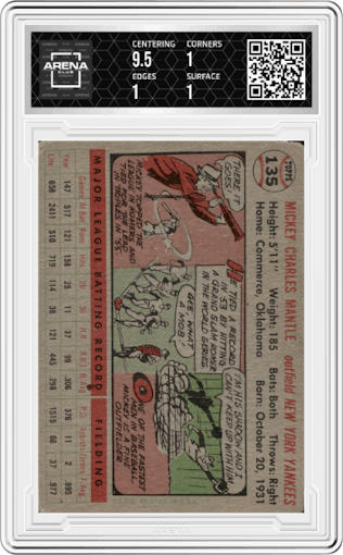 Mickey Mantle from the 1956 Topps set graded by Arena Club and given an overall grade of 1.5.