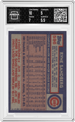Ryne Sandberg from the 1984 Topps set graded by Arena Club and given an overall grade of 5.5.