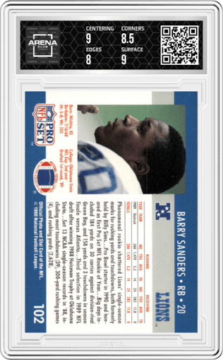 Barry Sanders from the 1990 Pro Set set graded by Arena Club and given an overall grade of 8.5.