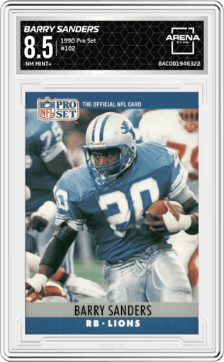Barry Sanders from the 1990 Pro Set set graded by Arena Club and given an overall grade of 8.5.