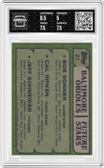 Bob Bonner/Cal Ripken/Jeff Schneider  from the 1982 Topps set graded by Arena Club and given an overall grade of 5.5.