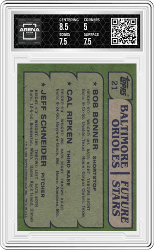 Bob Bonner/Cal Ripken/Jeff Schneider  from the 1982 Topps set graded by Arena Club and given an overall grade of 5.5.