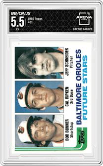 Bob Bonner/Cal Ripken/Jeff Schneider  from the 1982 Topps set graded by Arena Club and given an overall grade of 5.5.