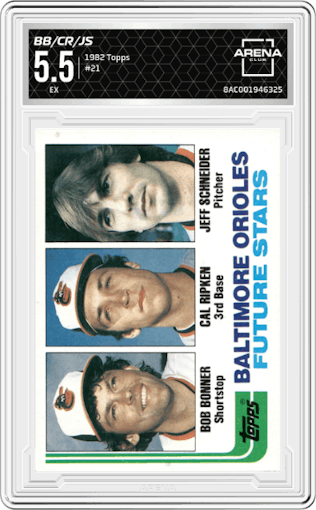 Bob Bonner/Cal Ripken/Jeff Schneider  from the 1982 Topps set graded by Arena Club and given an overall grade of 5.5.