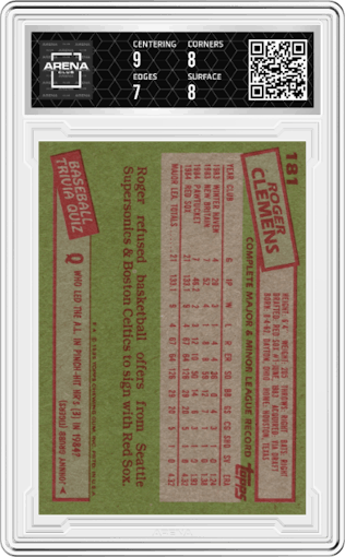 Roger Clemens from the 1985 Topps set graded by Arena Club and given an overall grade of 7.5.