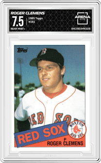 Roger Clemens from the 1985 Topps set graded by Arena Club and given an overall grade of 7.5.
