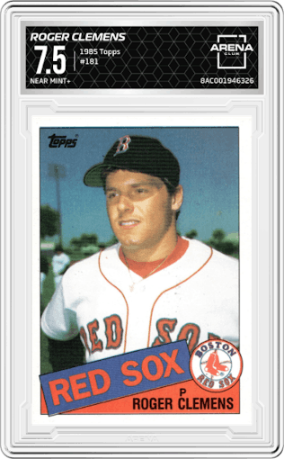 Roger Clemens from the 1985 Topps set graded by Arena Club and given an overall grade of 7.5.