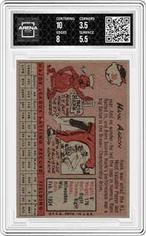 Hank Aaron from the 1958 Topps set featuring a White Name parallel graded by Arena Club and given an overall grade of 4.