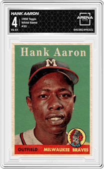 Hank Aaron from the 1958 Topps set featuring a White Name parallel graded by Arena Club and given an overall grade of 4.