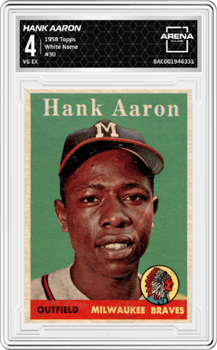 Hank Aaron from the 1958 Topps set featuring a White Name parallel graded by Arena Club and given an overall grade of 4.