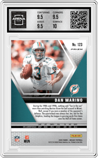 Dan Marino from the 2020 Panini Mosaic set featuring a Mosaic parallel graded by Arena Club and given an overall grade of 10.