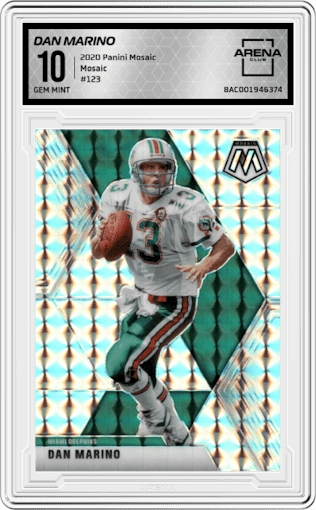 Dan Marino from the 2020 Panini Mosaic set featuring a Mosaic parallel graded by Arena Club and given an overall grade of 10.