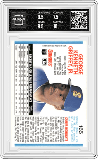 Ken Griffey, Jr. from the 1992 Donruss set graded by Arena Club and given an overall grade of 8.