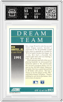 Ken Griffey Jr. from the 1991 Score set graded by Arena Club and given an overall grade of 9.