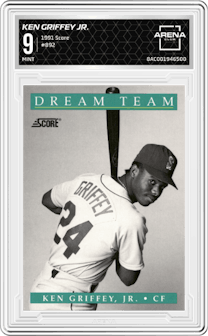 Ken Griffey Jr. from the 1991 Score set graded by Arena Club and given an overall grade of 9.