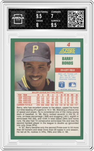 Barry Bonds from the 1990 Score set graded by Arena Club and given an overall grade of 7.5.