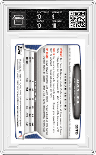 Aaron Judge from the 2013 Bowman Drafts Picks & Prospects set graded by Arena Club and given an overall grade of 9.5.