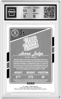 Aaron Judge from the 2017 Panini Donruss set graded by Arena Club and given an overall grade of 10.