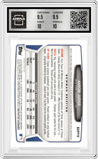 Aaron Judge from the 2013 Bowman Drafts Picks & Prospects set graded by Arena Club and given an overall grade of 10.
