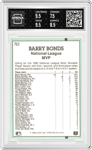 Barry Bonds from the 1991 Donruss set featuring a Variation parallel graded by Arena Club and given an overall grade of 8.