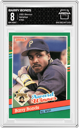 Barry Bonds from the 1991 Donruss set featuring a Variation parallel graded by Arena Club and given an overall grade of 8.