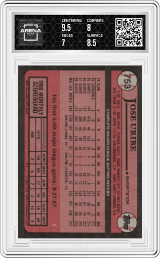 Jose Uribe from the 1989 Topps set graded by Arena Club and given an overall grade of 7.5.