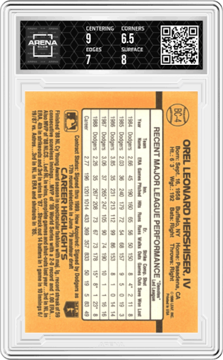 Orel Hershiser from the 1989 Donruss set graded by Arena Club and given an overall grade of 7.