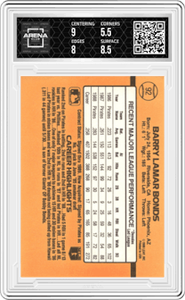 Barry Bonds from the 1989 Donruss set graded by Arena Club and given an overall grade of 6.