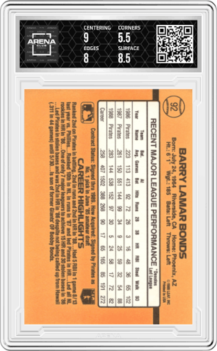 Barry Bonds from the 1989 Donruss set graded by Arena Club and given an overall grade of 6.