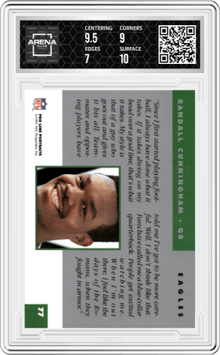 Randall Cunningham from the 1991 Pro Line Portraits set graded by Arena Club and given an overall grade of 7.5.