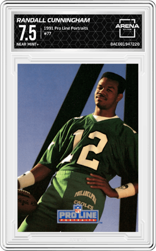 Randall Cunningham from the 1991 Pro Line Portraits set graded by Arena Club and given an overall grade of 7.5.